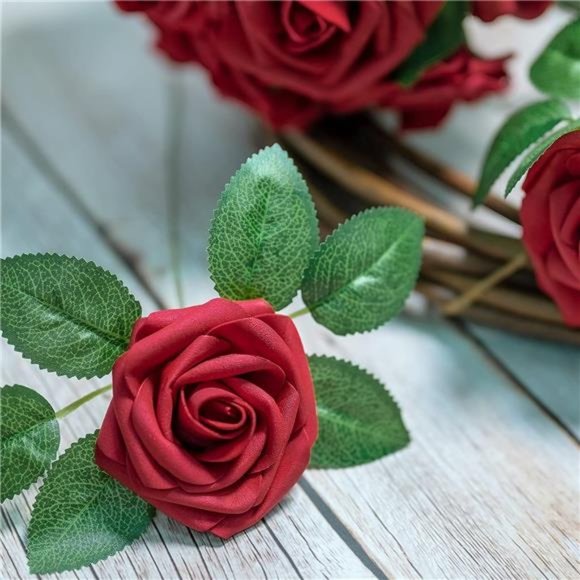 50Pcs Red Roses Artificial Flowers, Dark Red Fake Real Looking Foam Rose Wedding - Picture 3 of 12